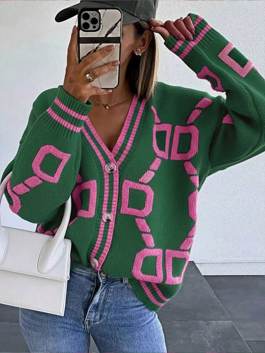 Women's Casual Letter Pattern V-Neck Single-Breasted Knitted Cardigan Sweater, Long Sleeve, Autumn/Winter - Green - View 1