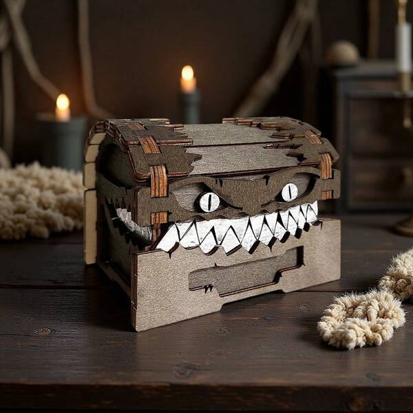 Dungeon & Dragons Style Treasure Chest Mimic - Wooden Craft Figurine, Multi-Functional Storage Box For Dice, Mini Toys, Building Blocks | Tabletop Game Decor & Home Ornament,Best Christmas Gift For D&D Fans