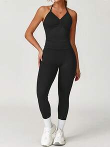 Yefecy 2件套运动健身套装，女士露背背心高腰褶皱无缝紧身裤，健身服运动套装，黑色夏季款 - 黑色 - 查看 4