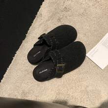 Chaussures pour femmes avec boucle chaude, semelle épaisse, chaussures en laine , pantoufles à bout fermé, vêtements d'extérieur pour femmes automne hiver - Gruau - Voir 3