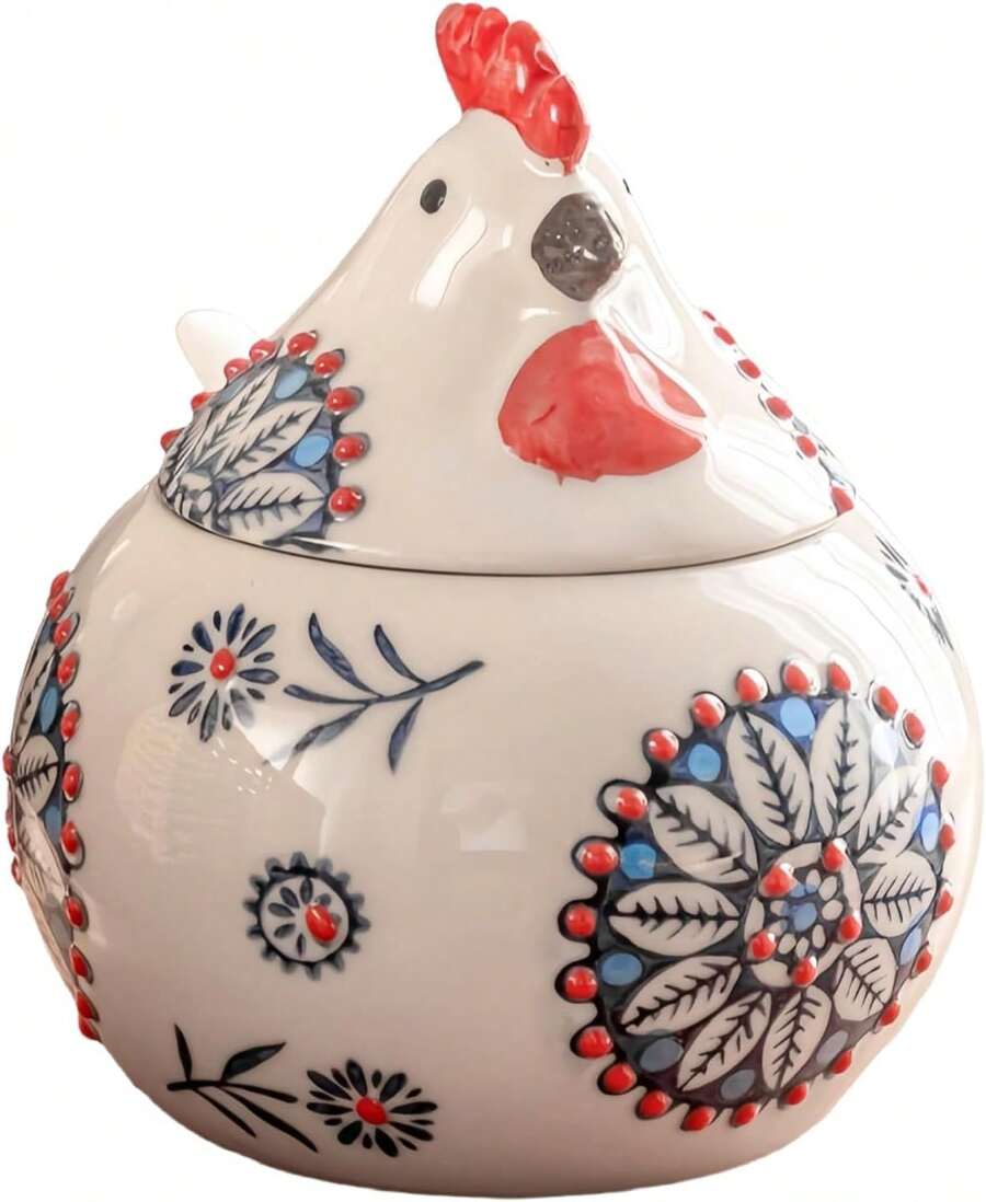 Ceramic Salt Cellar With Lid And Spoon, 13 OZ Large Chicken Salt Jar, Salt Holder For Counter, Coffee, Sugar, Spices And Candies, Salt Containers For Countertop - Màu xanh lam - Xem 1