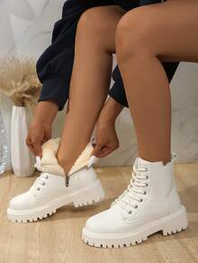 女童新款侧拉链厚底靴冬季保暖系带踝靴机车靴英伦风 - 白色 - 查看 10