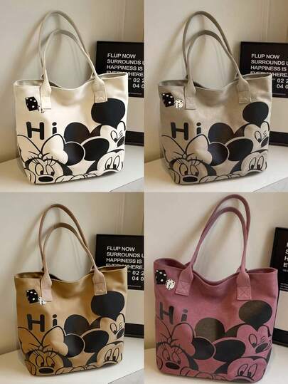Sac fourre-tout femme Mickey et Minnie - grande capacité, imprimé beige de dessins animés avec fermeture éclair, sac à bandoulière en nylon durable pour le travail, les courses et l'usage quotidien, design chic décontracté, sac fourre-tout décontracté Sac à imprimé de dessins animés Sac avec poignées solides