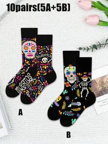 1/2/4/5/10 双趣味袜子，不对称 Andy 女士中筒袜，适合日常派对装扮，亡灵节图案中筒袜，黑色配彩色糖头骨、花卉和骷髅印花，女士袜子，白色袜子，黑色袜子，踝袜，中筒袜，长袜，休闲袜， - 黑色 - 查看 19