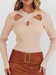 Womens Knit Tops Fall Long Sleeve V Neck Solid Color Cross Hollow Out Slim Fit Sweater - Dusty Pink - View 5
