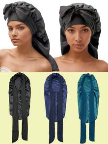 1pc Black Sleeping Cap, Women's Pink Elastic Drawstring Long Satin Silk Sleep Cap, Curl Hair Wrap, Long Hair, Braids, Dreadlocks, Curly Hair Silk Sleep Cap, Satin Bow Sleep Cap Sleep Bonnet - Multicolor 1pc - View 13