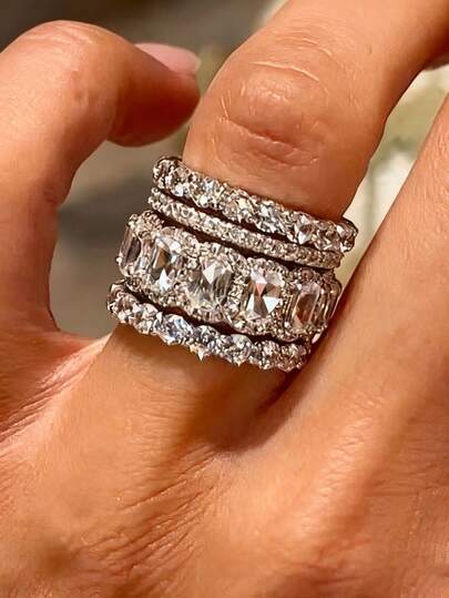 4pcs Luxury Elegant Women's White Crystal Stone Rings, Full Diamond Cubic Zirconia Wedding Rings, Geometric Square Cubic Zirconia Engagement Rings