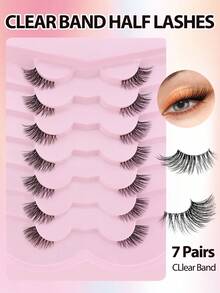 7 Pairs Half Lashes Clear Band 14mm Cat Eye Tail Elongated Lashes 3/4 Corner False Eyelashes Natural Look