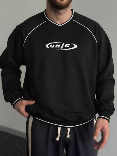 Men's Sweetheart Neck Pullover Sweatshirt, Fashion Letter Print, Loose Fit, Long Sleeve, Lightweight, Solid Color, Spring/Autumn New