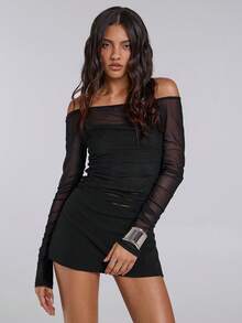 TypaGal 秋冬季摩登时尚新年派对复古优雅性感街头女式侧开衩修身黑色迷你短裙搭配短裤 - 黑色 - 查看 3