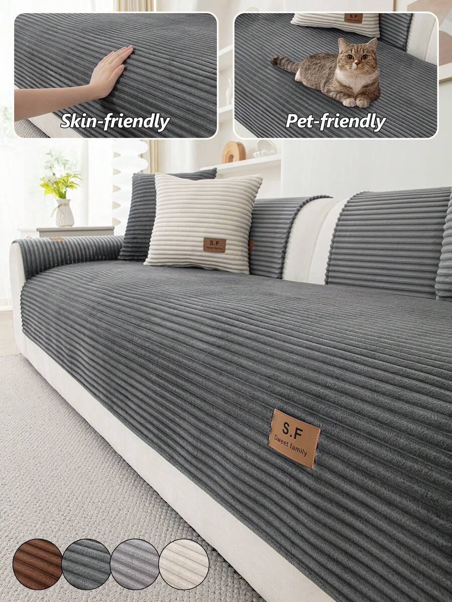1pc Flannel Striped Sofa Cushion With PU Leather Label Decor, Pet-Friendly Seat Pad, Fits 1-4 Seat Modular Sofa, Machine Washable, Suitable For Living Room, Bedroom, Study, Modern Minimalist Style Premium Sofa Pad