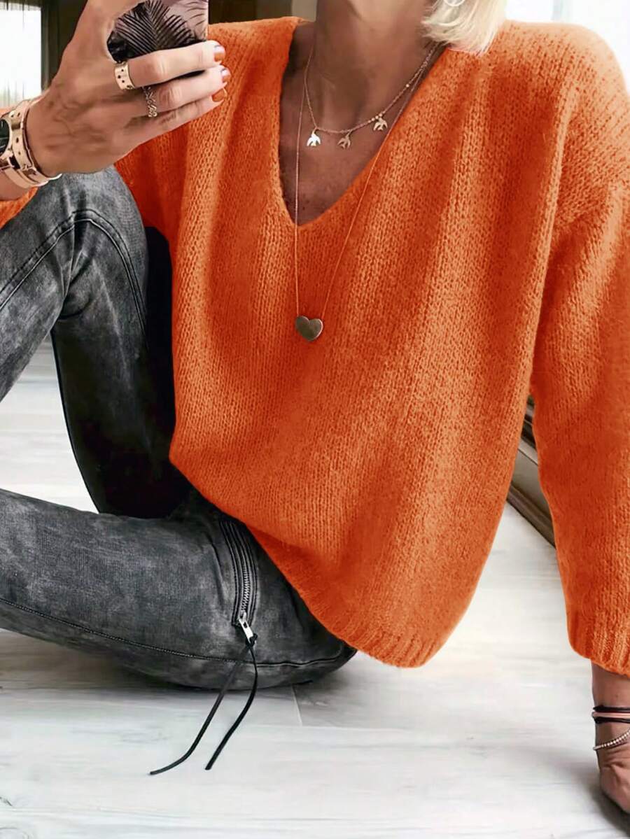 Women's Solid V-Neck Casual Loose Pullover Knit Sweater, Long Sleeve Spring - Orange - View 1