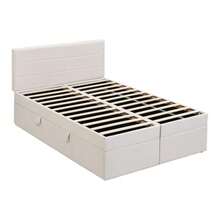 =(WX000503AAA) Cama estofada, 200x140cm, cama de casal com estrado de ripas de metal, amplo espaço de arrumação, pode ser aberta de ambos os lados, bege