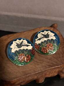 1 对复古花卉和鸟类设计珐琅耳环，优雅复古风格耳环 - 彩色 - 查看 1