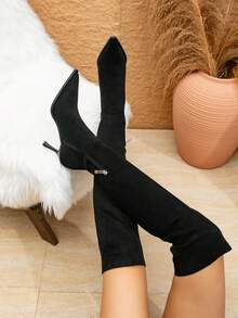 Women's Pointed Toe Side Zipper Stiletto Heel Thigh High Boots - Black - View 5