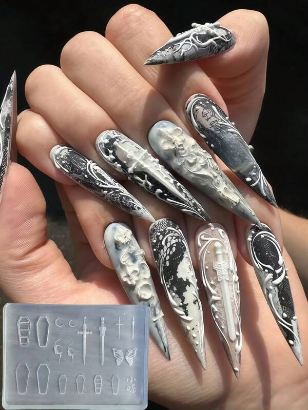 Moldes de silicone 3D em relevo para decoração de unhas - Formato de espada e caixão.