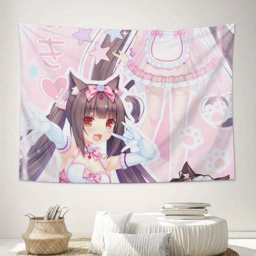 ZLIENSZUS Anime Maid Cat Girl Tapestry - Decorated With Pastel Pink Japanese Wallpaper, Featuring Cute Cat Patterns, Suitable For Hanging In The Living Room, Bedroom And Game Room. No Electricity Required For Easy Hanging. Machine-Washable Polyester Fabric - The Perfect Anime Gift For Girls And Women, Anime Wall Art - 彩色 - 查看 1