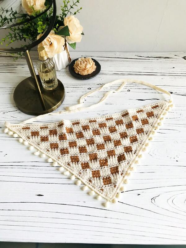 1pc Geometric Pattern Knitted Hollow Polka Dot Tassel Trim Headscarf, Vintage Chic Versatile Headpiece Warm Hair Bands Winter Hair Accessories Women Bandanas Soft Head Wrap