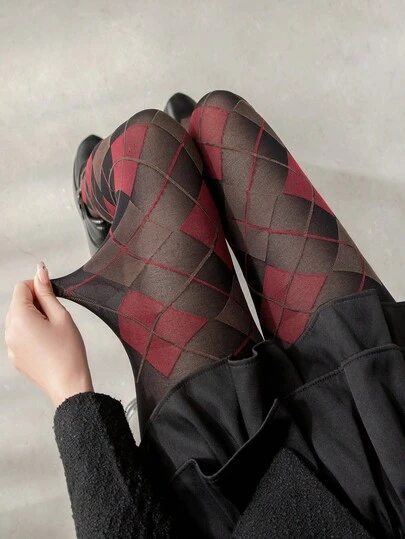 1 Pair Minimally Designed Diamond Checkered Retro Style Base Pantyhose Women's Sexy Thigh Socks Jumpsuit