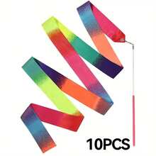 10PCS Gymnastic Ribbon, Sparkling Dance Ribbon With Twirling Baton Gradient Rainbow Dance Ribbons - Perfect For Gymnastics, Birthday Parties & Wedding Decorations