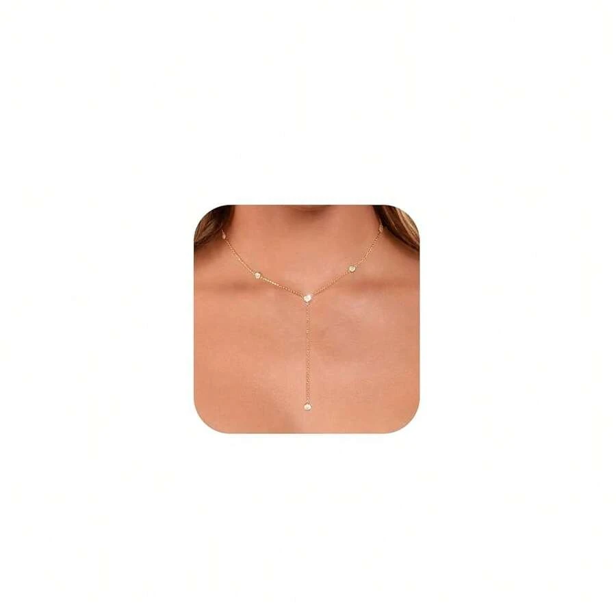 Luxval Lariat Gold Necklace For Women, Dainty Long Necklace 14k Gold Plated/Silver Y-Shaped Pendant Necklaces Beaded Chain Drop Necklaces Jewelry For Women Gifts{"Color_name":"Gold-SixCZ"} - 黃金-SixCZ - 查看 1