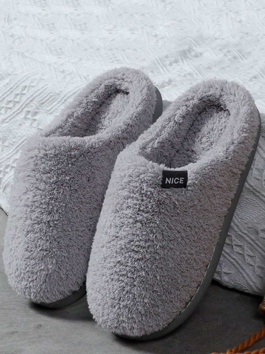 Pantuflas de casa de felpa para mujer, con suela gruesa y forro térmico de imitación cálido para el invierno - Gris - Ver 1