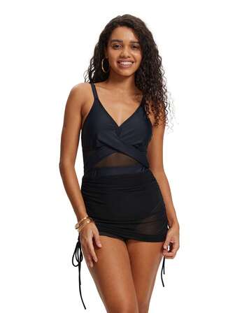 AONIHUA 1-delad baddräkt med nätpanel, V-ringning, svart enfärgad med spetsskarv, justerbara axelband, rynkad med dragsko, diskret design för bad, semester, strand för sommaren