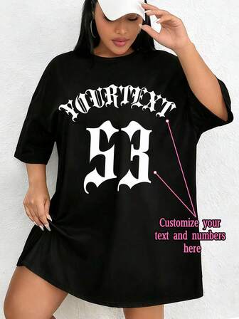 Camiseta holgada personalizada de talla grande para mujer, número de la suerte personalizado, personaliza tu texto/deseos de cumpleaños/interesante/mensaje/eslogan, camiseta casual de cuello redondo de talla grande para mujer en color negro, regalo de aniversario, regalo del Día de San Valentín, regalo festivo, uso primavera/verano, regalo especial, regalo creativo, pareja/mejor amigo a juego, uniforme de trabajo en equipo, personalización corporativa