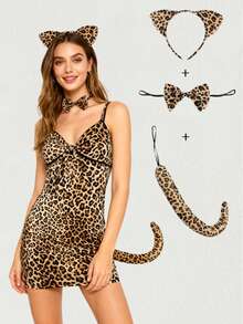 Set de 3 piezas de accesorios con estampado de leopardo: diadema con orejas de leopardo, cola de leopardo, moño de leopardo, adecuado para carnaval, fiesta y actuaciones en el escenario - Multicolor - Ver 1