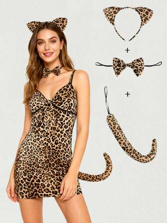 3pcs Cute Leopard Print Accessories Set: Leopard Ear Headband, Leopard Tail, Leopard Bowknot, Suitable For Carnival, Party And Stage Performance