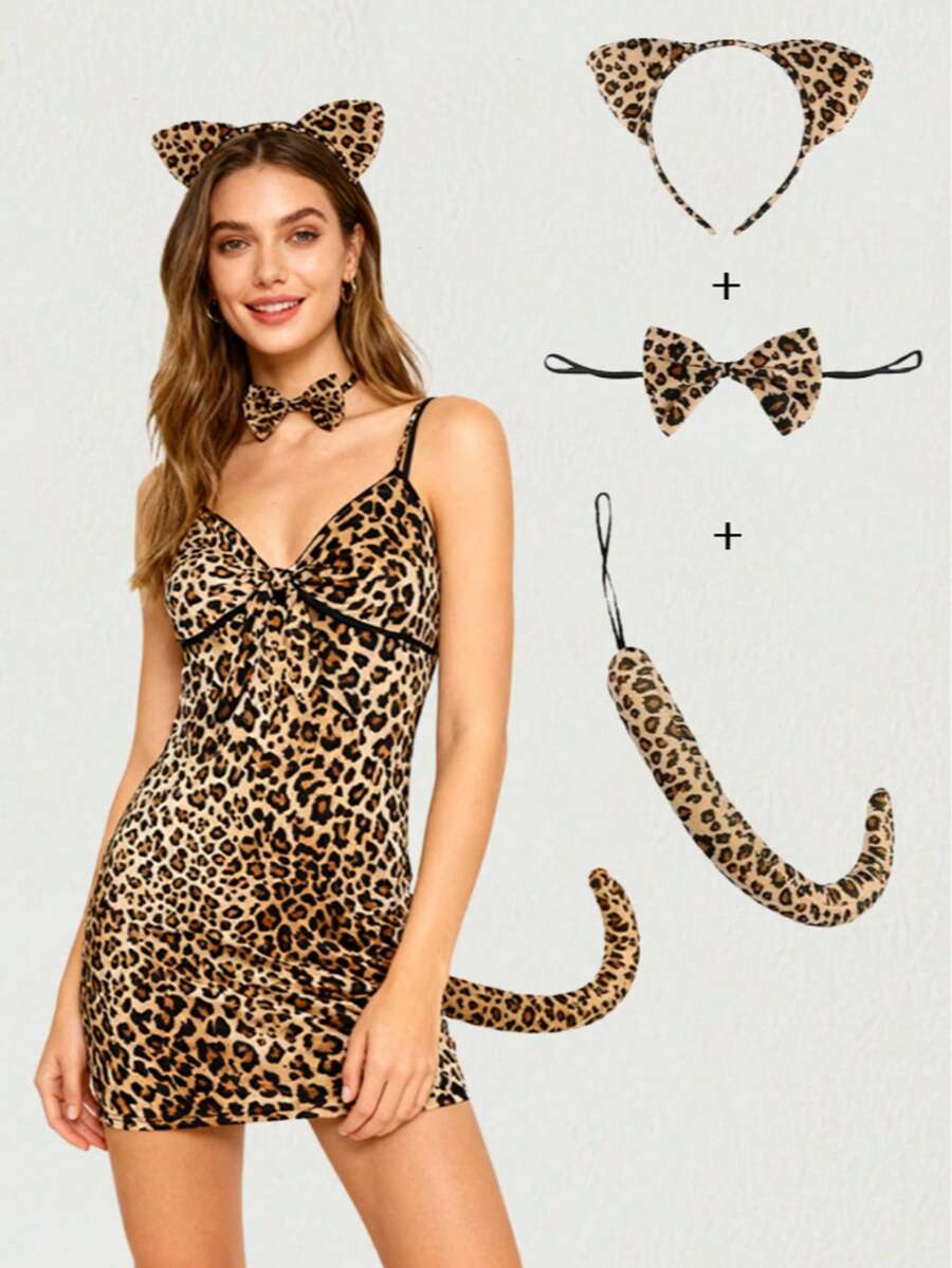 Set de 3 piezas de accesorios con estampado de leopardo: diadema con orejas de leopardo, cola de leopardo, moño de leopardo, adecuado para carnaval, fiesta y actuaciones en el escenario - Multicolor - Ver 1