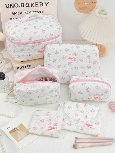 一套甜美蓝色蝴蝶结花卉图案轻便化妆包套装，女孩时尚旅行必备，大容量多功能收纳包，可收纳口红、卫生巾、硬币、钥匙、发夹、发圈等，便携可爱旅行整理包，居家收纳，宿舍收纳，婚礼回礼，生日礼物，送给闺蜜的礼物