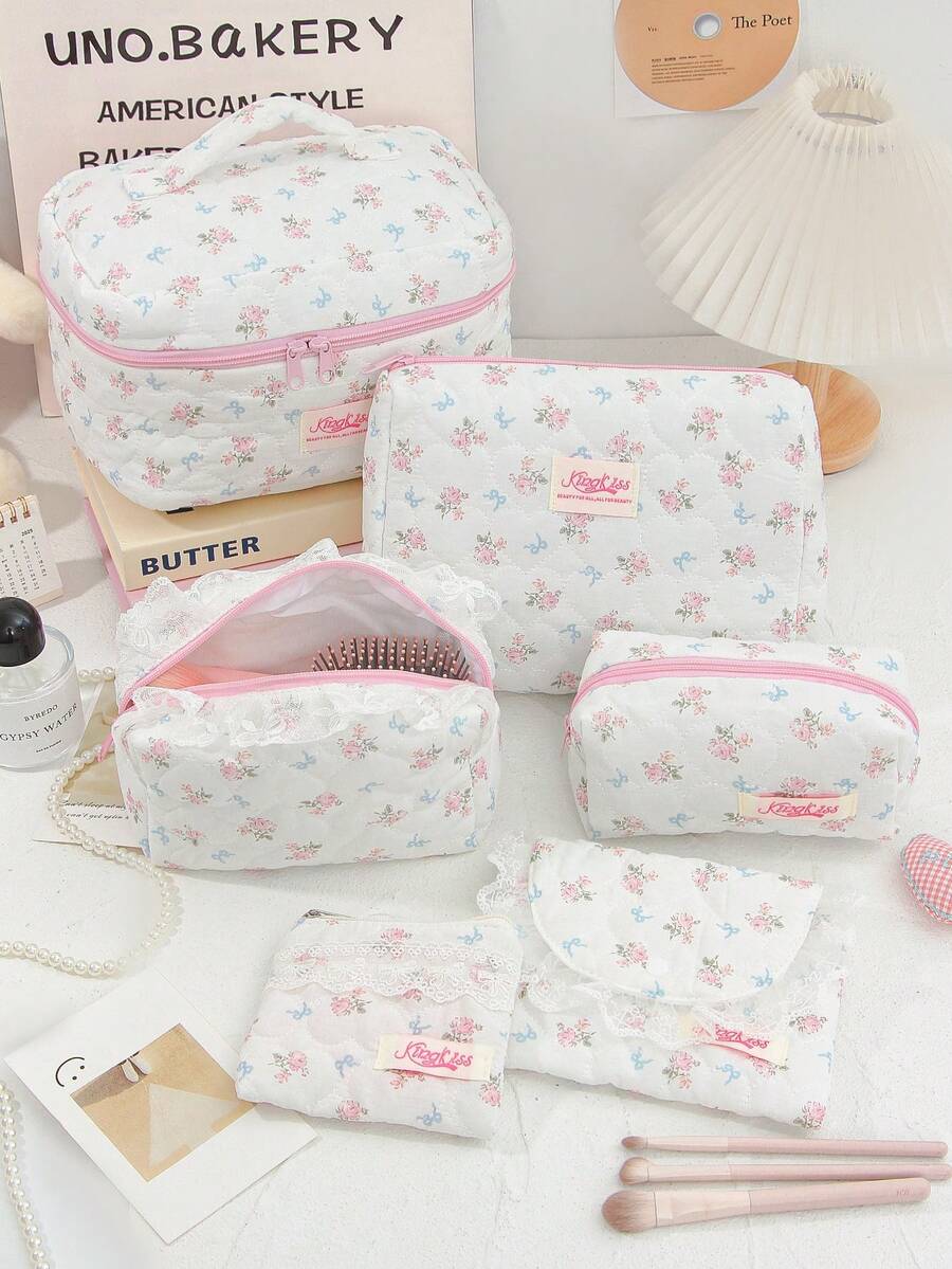 1Pc/Set Sweet Blue Bowknot Pattern Wash And Cosmetic Bag Set,Portable Large Capacity Travel Organizer Toiletry Bag Makeup Bag Skincare Bag,Gift - Multicolor - View 1