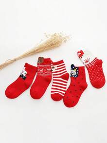 5 双可爱卡通熊圣诞袜，红色节日圣诞老人主题中筒袜，适合男孩和女孩幼儿 - 彩色 - 查看 11