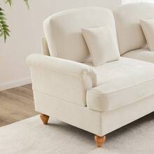 Elegant Mid-Century Chenille L-Shaped 2-Seater Sofa With Funnel Arms, Removable Ruffled Apron, Spindle-Shaped Legs And Movable Footrest, White - White - View 3