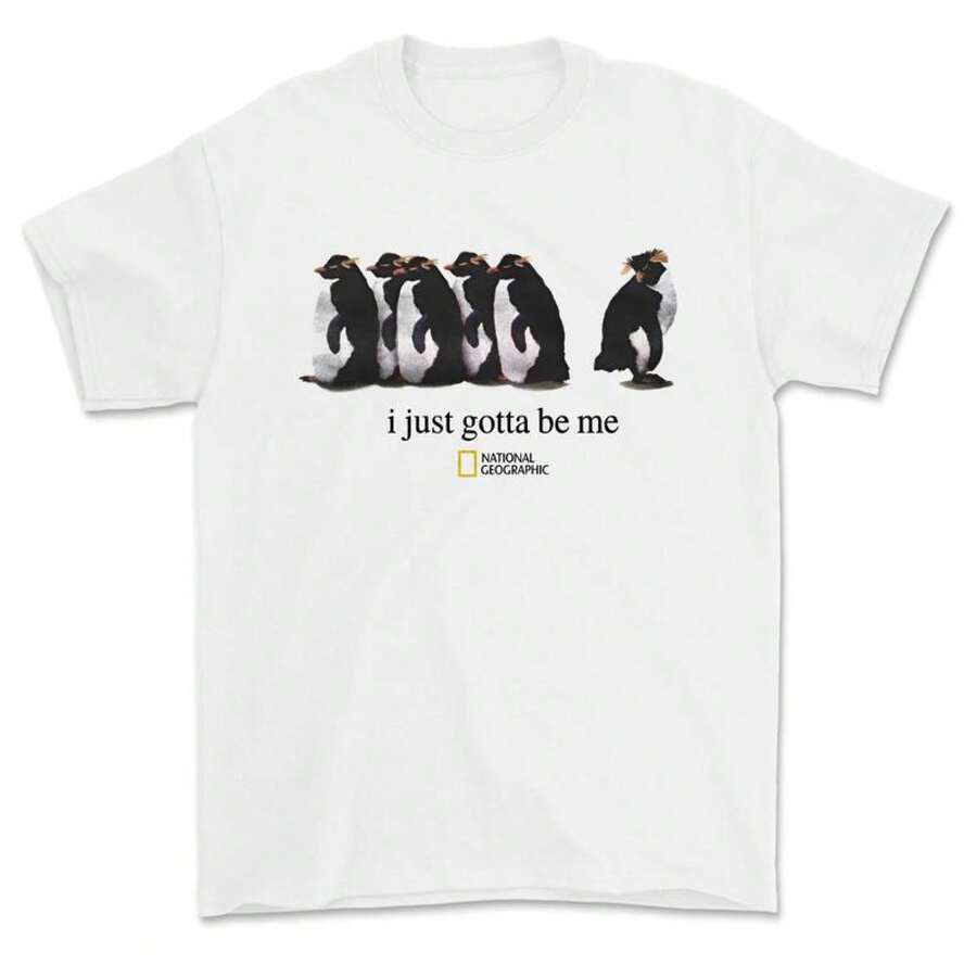 [100% Cotton] I Just Gotta Be Me National Geographic Penguin Print Shirt, Retro Streetwear Tropical, Casual Round Neck Short Sleeve Pullover Tops For - 白色 - 查看 1