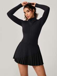 NcmRyu 1pc Women Zip-Up Mock Neck Bodysuit With Pleated Skirt & Shorts Lining, Activewear Romper - màu đen - Xem 8