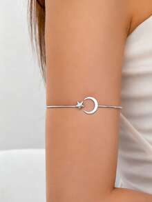 1pc S-Size Star & Moon Pattern Metal Wire Armband, Arm Cuff Bracelet For Women - Silver - View 1
