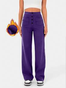 Women's High Waist Casual Sports Solid Color Button Pockets Straight Leg Pants - Purple - View 3
