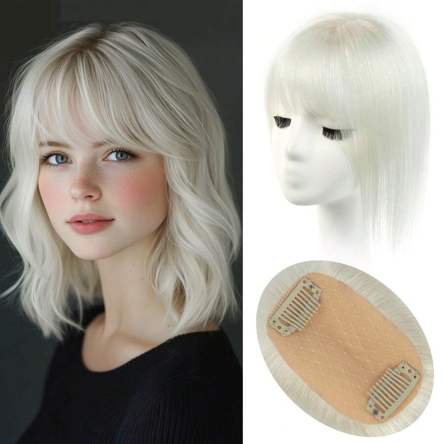 Hair Toppers For Women Real Human Hair, 360°3D Cover Toppers Hairpieces For Women With Thinning Crown Wispy Clip In Bangs Realistic Scalp Hairline  For Halloween And Christmas Parties Dinners Daily Life Travel Etc Suitable - S1001 - 查看 1