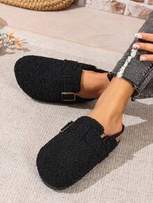 Zapatos de tacón bajo tipo mula en color negro, zapatos planos de moda versátiles con puntera redonda, flecos y hebilla para mujeres - Negro - Ver 3