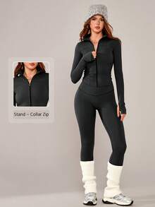NcmRyu 1 Set Women's Slim Fit Solid Color Stand Collar Zipper Shaping Sports Suit - Black - View 2