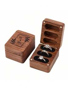 Mr & Mrs Ring Box 3 Slot For Wedding Ceremony Engagement Birthday Ring Bearer Box Wooden Engrave Wedding Ring Box- Black Lining - 棕色 - 查看 3