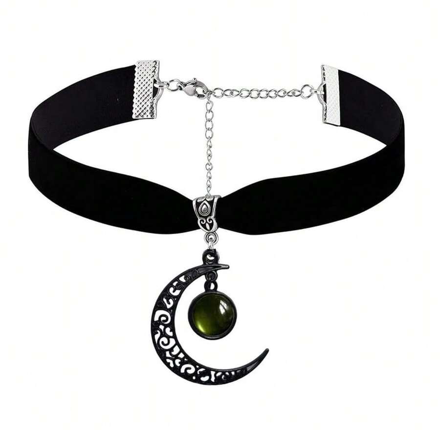 Rrdaily Gothic Moon Crystal Necklace Punk Style Moon Pendant Necklaces Vintage Black Crescent Necklace Dark Gothic Necklaces Costume Jewelry New Year Jewelry For Women{Inchcolor_nameinch:InchGreen1inch} - 綠色1 - 查看 1