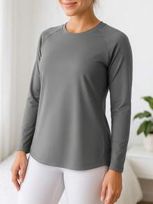 Women's Solid Color Round Neck Raglan Sleeve Open Hem Sports T-Shirt - Dark Grey - View 3