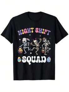 Camiseta del Escuadrón de Guardia Nocturna de Conejitos Esqueleto Bailando Huevos de Pascua y Flores.% Algodón. Impresión de un lado. Camiseta negra de manga corta. Feliz Regalo de Pascua para Familia y Amigos. Tallas S-. 1 pieza. Peso de la tela 180g - Negro - Ver 6