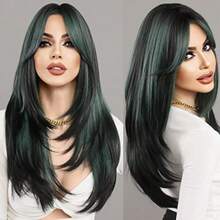 DDLong Straight Wigs With Curtain BangsGreen High Layered Wig For Women Synthetic High Density Heat Resistant Hair Wig For Daily Party 24 Inches - BlackandGreen漸層假髮 - 查看 1