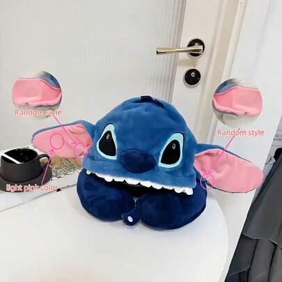 1pc Stitch Travel Pillow – Disney Cartoon Hooded U-Shaped Neck Support, Soft & Lightweight Multi-Functional Airplane Nap Pillow With Big Eyes And Pink Ears, Hand Wash Only | Cartoon Character Design | Soft Fabric For Airplane Trips