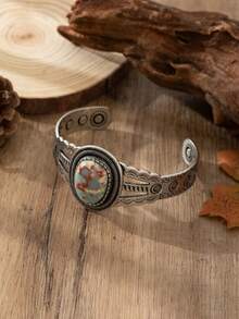 1pc Vintage Bohemian Style Women's Half-Arc Floral Carved Faux Stone Iron Bangle, Suitable For Outfit Matching, Daily And Holiday Wear - Imitation Jade Color - View 3