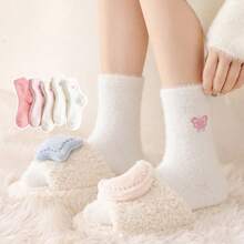 1pair/3pairs/5pairs Pink Faux Fur Socks, Warm Thickened Mid-Calf Socks For Winter, Embroidered Butterfly & Heart Long Socks - Multicolor - View 7